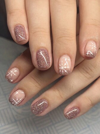 24 Stück/Set Weihnachts-Kurznägel mit quadratischer Form, Champagner-Glitzer-Schneeflocken-Vollabdeckung, Aufklebe-Nägel, geeignet für Frauen als Feiertags-Nagelbedarf