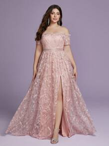 Váy phù dâu cao cấp trễ vai thêu ren đính cườm xếp nếp xẻ tà phía trước cỡ lớn - Hồng - Xem 1