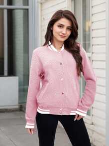 Women's Lightweight Baseball Jacket - Versatile Stitching Fabric Outerwear With Multi-Fabric Options And Unique Patterns - 淺粉色 - 查看 1