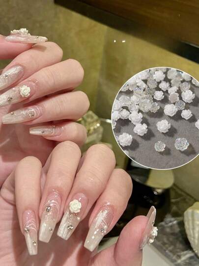30 قطعة من إكسسوارات الأظافر المرصعة بالألماس والأزهار الثلاثية الأبعاد على شكل وردة كاميليا ملونة سحرية، لوازم الأظافر وتزيينات الأظافر