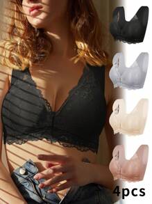 4-Pack Elegant Floral Lace Push-Up Bra - Comfortable Wire-Free Design, Fashionable Front Opening, Wide Straps And Jacquard Pattern - Perfect For Adult Women Daily Wear, Home, Dating And Other Occasions - 灰色混色 - 查看 1