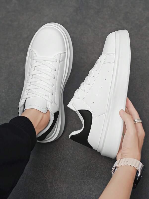 (Runs Small) Men's Premium Simple Solid Color Lace-Up Casual Sneakers, Elevated Height, Versatile For Daily, Outdoor, Commute, Comfortable Couple Shoes