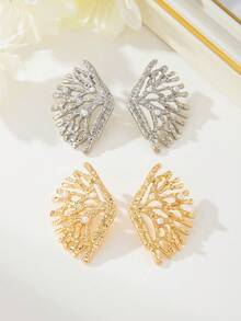 1pc Beach Vacation Style Coral Shaped Metal Stud Earrings, Suitable For Women's Daily, Party, Travel Wear - Earrings - View 3