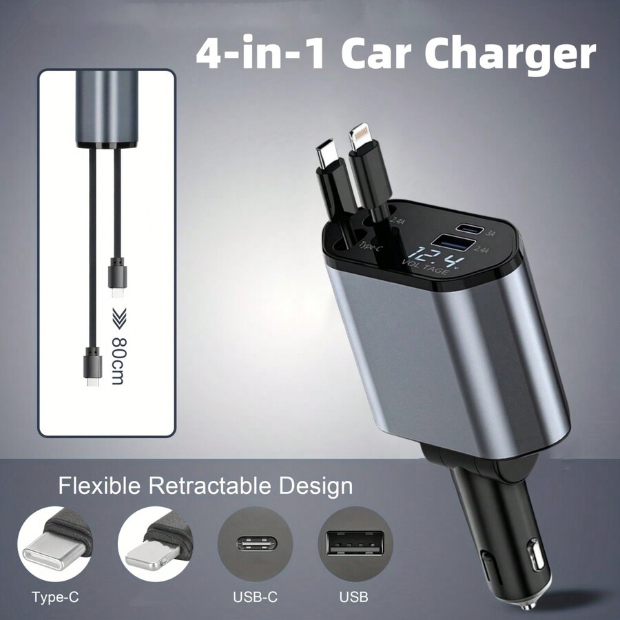 4In1 Fast Charging Car Charger 120w Fast Charging Digital Display