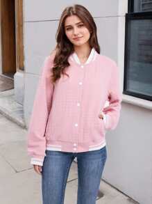 Women's Lightweight Baseball Jacket - Versatile Stitching Fabric Outerwear With Multi-Fabric Options And Unique Patterns - Pink - View 1