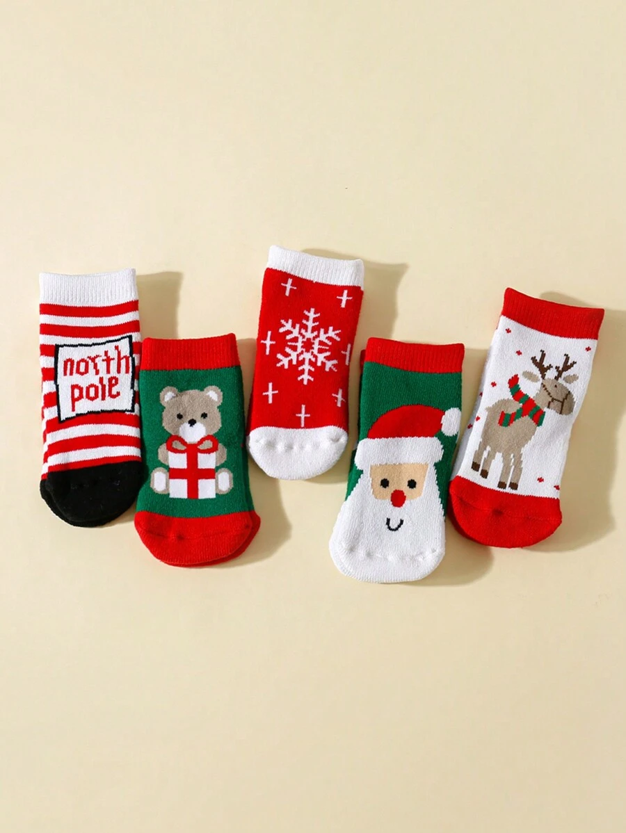 5 Pairs Children Christmas, Reindeer, Snowflake Printed Mid-Calf Socks For Christmas Party, Autumn/Winter - Multicolor - View 1