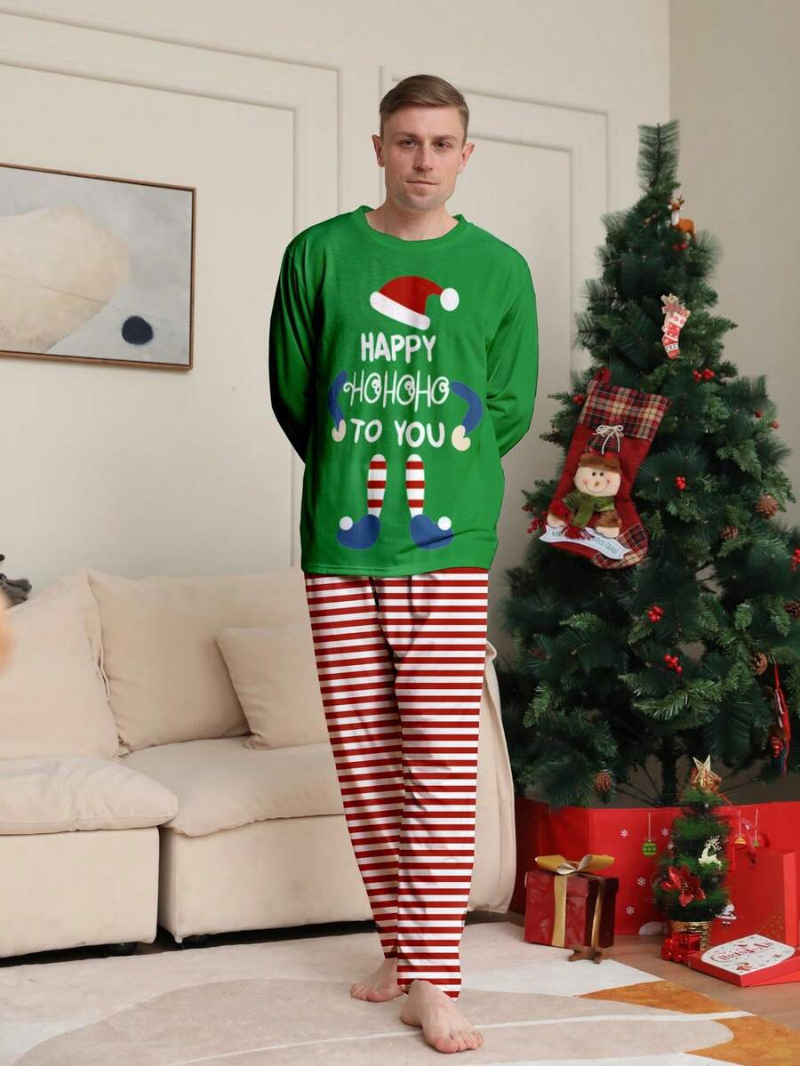 2pcs Men's Christmas Pajama Set, Cartoon Mini Man Print, Long Sleeve