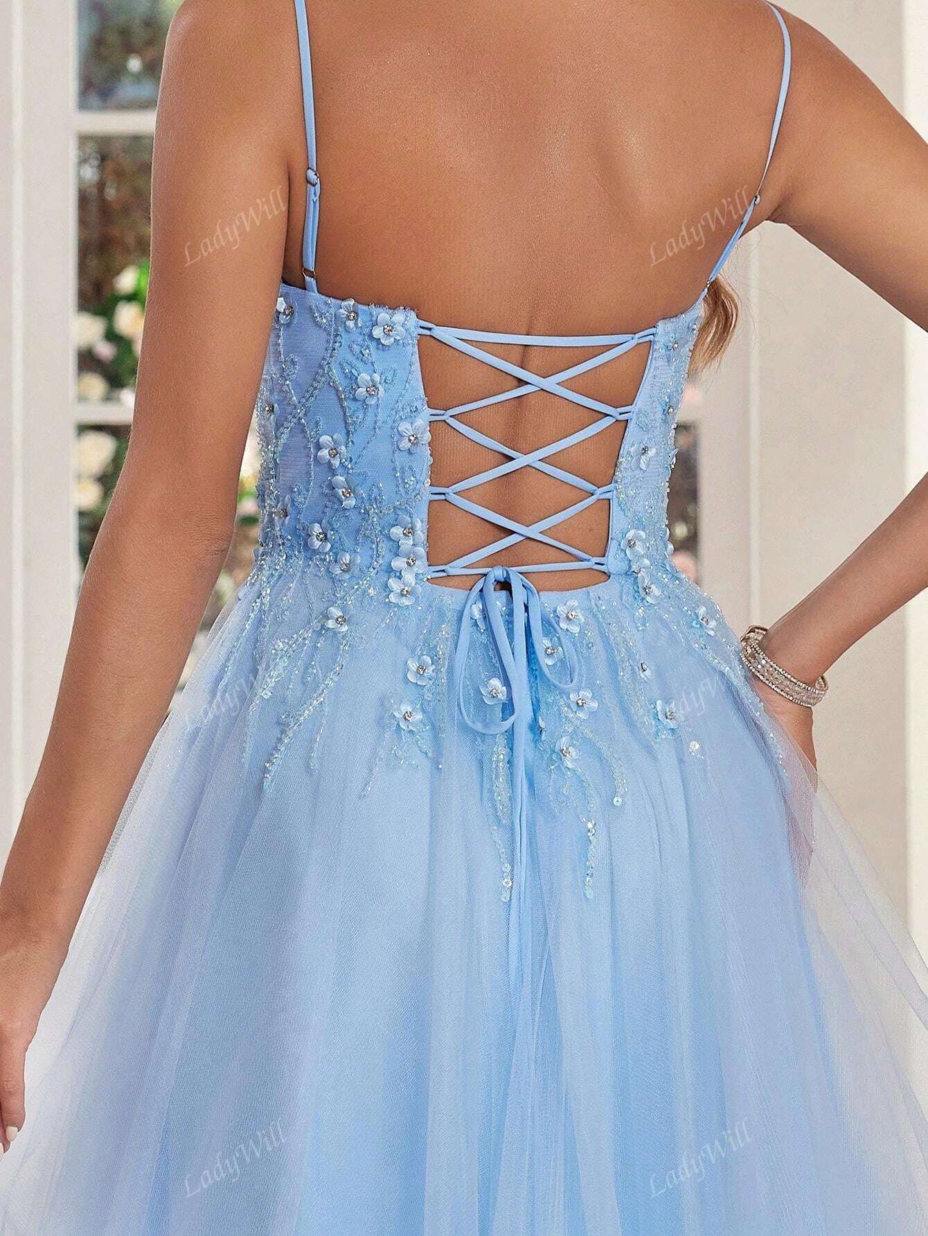 Luxury Lace Prom Dresses Long With Puffy Hem 3D Flower Rhinestone