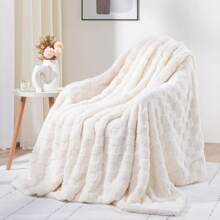 Chăn lông cừu màu trắng kem cho giường ghế sofa, chăn vải nỉ siêu mềm ấm áp bằng sợi nhỏ với thiết kế ô vuông 3D nhẹ cho người lớn, phụ nữ - Màu trắng kem - Xem 3