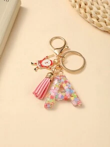 1pc Christmas Santa Claus Key Chain With Alphabet Resin Charm & Butterfly Tassel, For Girls - Pink - View 16