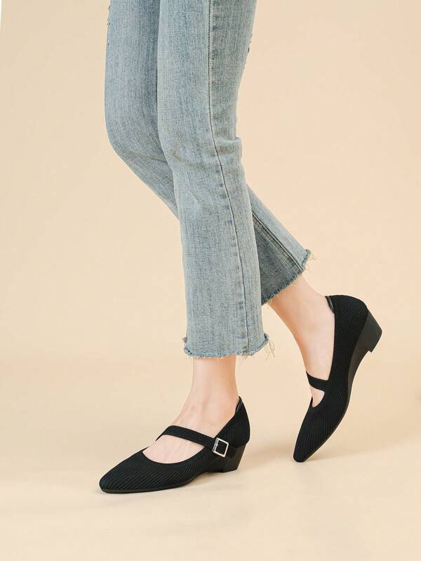 Women Pointed Toe Shallow Flats Wedge Mary Jane Slip-On Casual Shoes, Solid Color