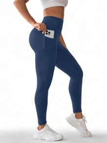 Summer Workout 1pc High Waisted Solid Color Yoga Leggings With Pockets, Suitable For Hiking, Outdoor Sports And Casual