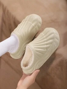 女士冬季家居拖鞋，米色皮革防滑厚底防水保暖内衬室内/户外保暖拖鞋 - 米色 - 查看 2