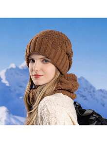 女士冬季帽子围巾套装，针织无檐便帽防寒 - 彩色 - 查看 1