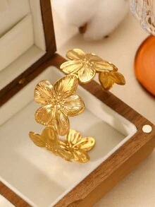 1 chiếc vòng tay thép không gỉ hình hoa rỗng thời trang tối giản, thích hợp cho phụ nữ đeo hàng ngày - Vàng - Xem 7