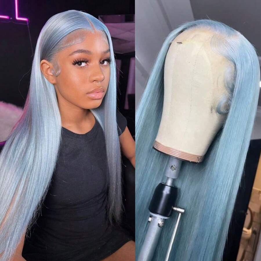 13x4 Light Blue Lace Front Wigs Long Straight Sky Blue Wigs 180 Density Pre Plucked Ready To Wear Wigs Heat Resistant Fiber Hair Synthetic Lace Front Wigs For Women Light Blue Wigs For Daily Use 28 Inch Party Used On Halloween And Christmas - 淺藍色 - 查看 1