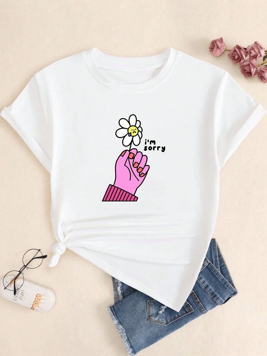 Flower T-Shirt Im Sorry Printed Short Sleeve T-Shirt Casual Comfortable Women Fashion Premium - 白色 - 查看 1
