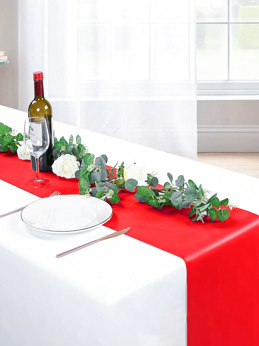 6pcs Red Satin Rectangular 30*275cm Tablerunner, Solid Color Smooth