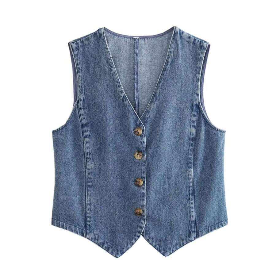Women's Denim Vest Sleeveless V-Neck Cropped Vests Tank Tops Button Up Jean Waistcoat Vintage Crop Jackets Streetwear - Màu xanh lam - Xem 1