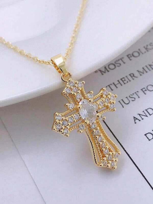 1 pieza Collar colgante de cruz de cristal totalmente pavimentada con metal retro punk, collar de strass personalizado para mujer, apto para uso diario, regalo para vacaciones