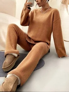 Conjunto de 2 peças de suéter casual feminino de cor sólida e ombro de fora, calça de malha, adequado para deslocamento diário, compras, festa, encontro, casa, Halloween, Ação de Graças, Natal - Multicolorido - Ver 2