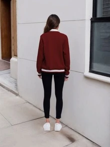 Women's Lightweight Baseball Jacket - Versatile Stitching Fabric Outerwear With Multi-Fabric Options And Unique Patterns - Dark.Red - View 4