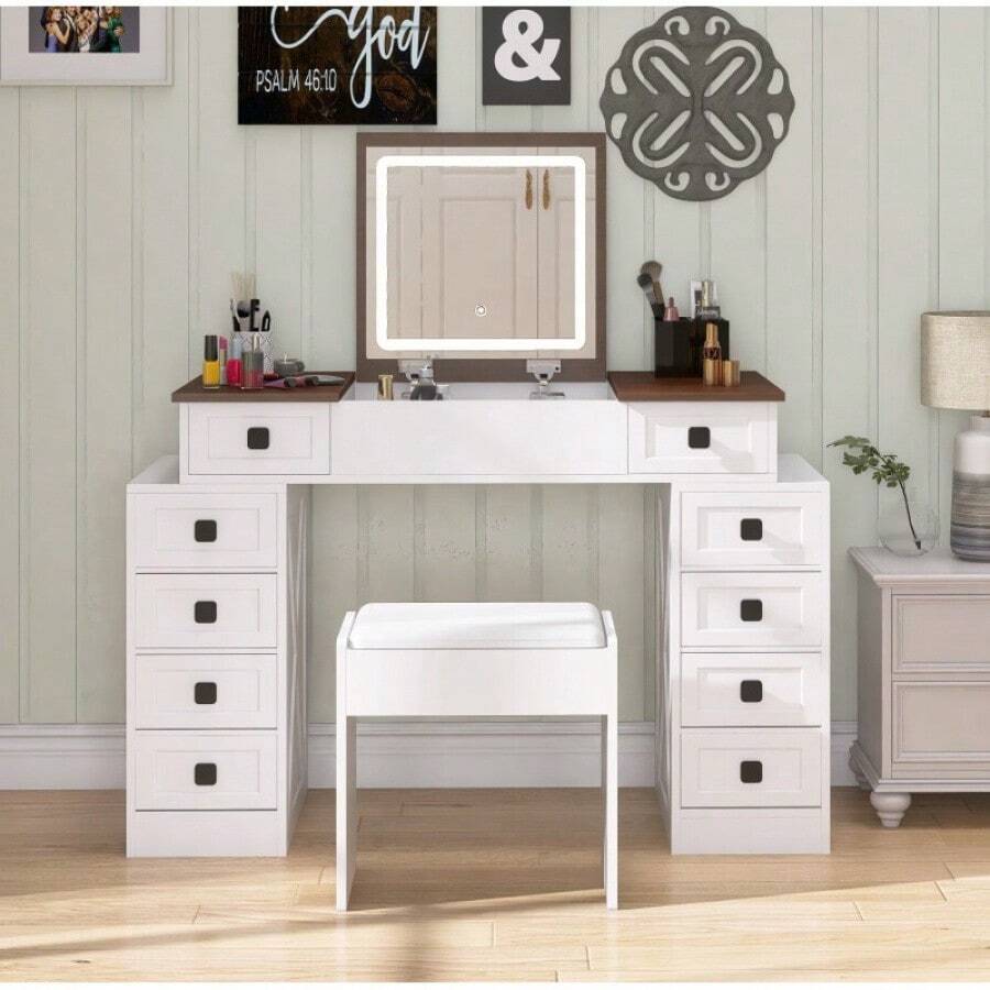 Vanity Desk With Dimmable LED Light With 10 Drawers, Makeup Table With