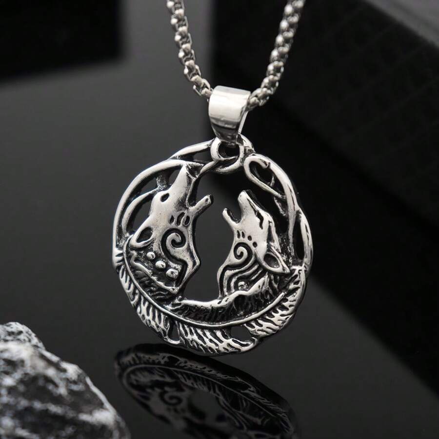 1 chiếc vòng cổ mặt dây chuyền đầu sói đôi bằng thép không gỉ phong cách cổ điển, lựa chọn quà tặng tuyệt vời cho nam giới - Vòng cổ mặt dây chuyền - Xem 1