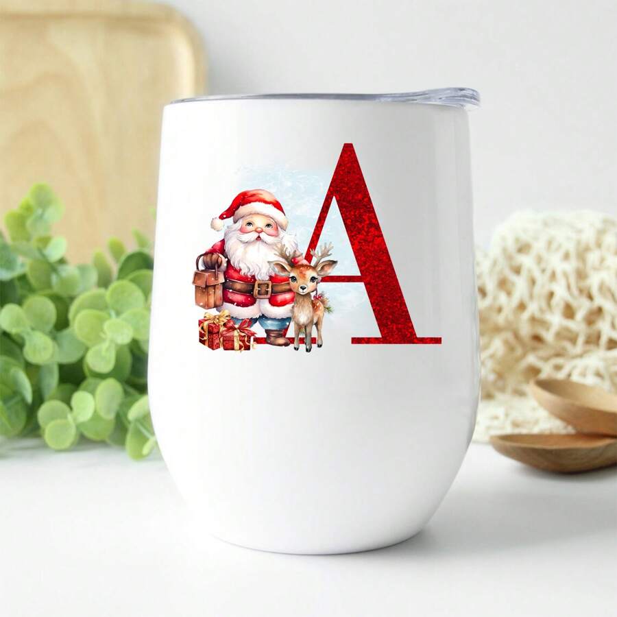 1 pieza Taza de café/té de acero inoxidable con forma de huevo de 12 onzas, con estampado de Papá Noel y renos, de doble pared aislada, con tapa, un gran regalo de Navidad para familiares y amigos