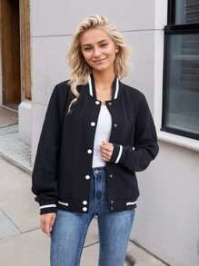 Women's Lightweight Baseball Jacket - Versatile Stitching Fabric Outerwear With Multi-Fabric Options And Unique Patterns - BLACK4 - View 1