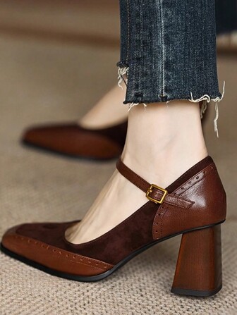 Women's Black French Elegant Square Toe Thick Heel Platform Slingback Pumps