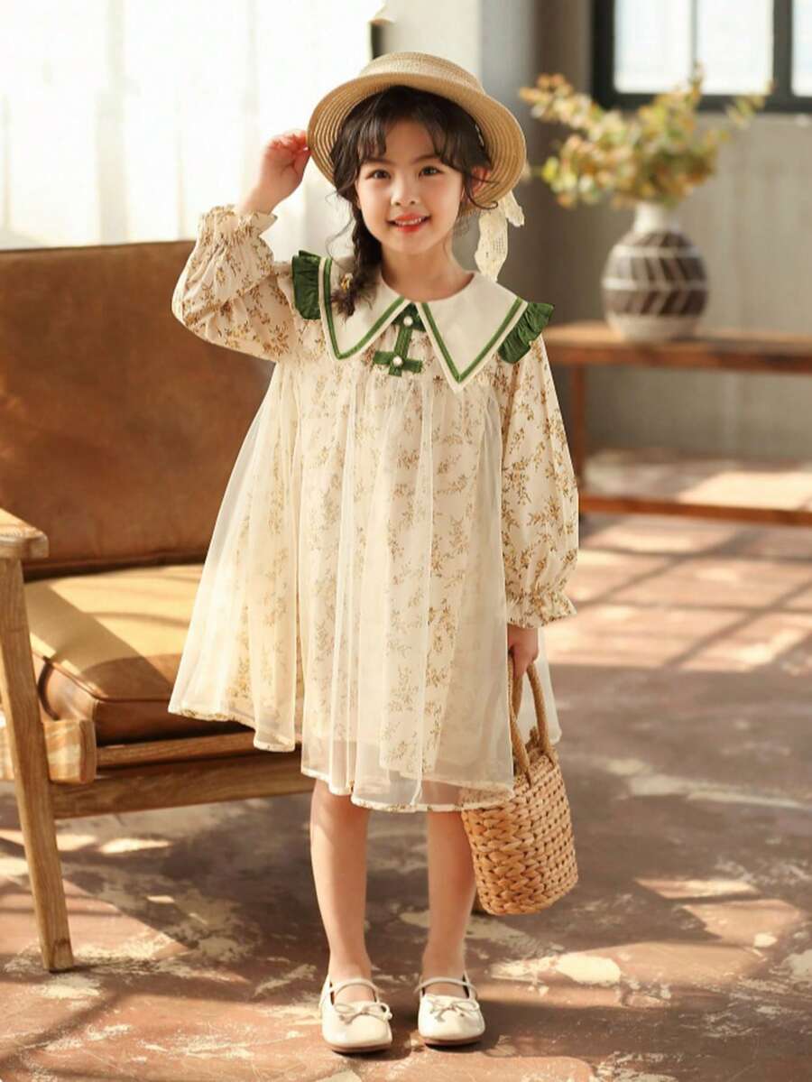 Váy công chúa cổ lưới họa tiết hoa mùa thu cho bé gái, ngọt ngào và dễ thương - Nhiều màu - Xem 1