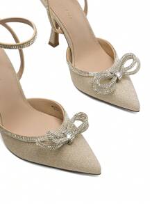Women's Rhinestone Bow High Heels Ankle Strap Pumps Closed Toe Strappy Heels Sexy Fashionable Wedding Bridal Party Dress Shoes - Vàng - Xem 6