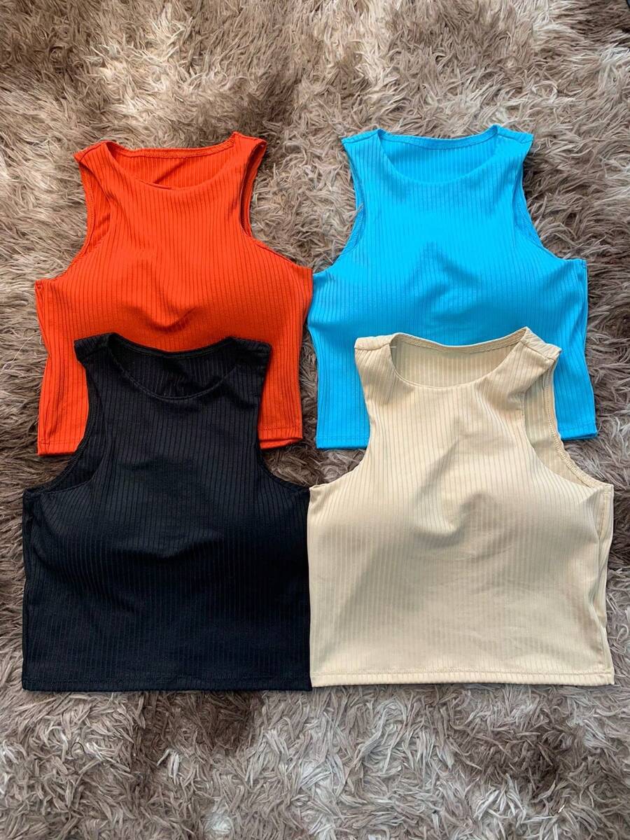 Kit 4 Cropped Women's Blouse With Cups Ribbed Tank Top Women's Basic Cropped - Ngói, Xanh lam, Đen và Khỏa thân - Xem 1