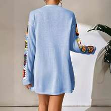 Womens Boho Floral Crochet Cardigan Long Sleeve Open Front Knitted Sweater Cardigans Fall Knitwear Coat - 天藍色 - 查看 6