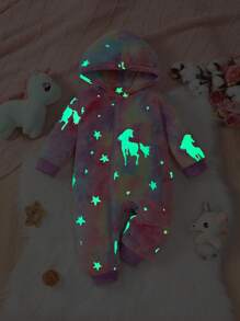 Mono informal con estampado de unicornio luminoso de felpa cálida para bebé niña, para otoño/invierno - Morado Violeta - Ver 2