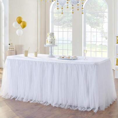 1pc Elegant White Chiffon Double-Layer Tablecloth, Hook And Loop Detachable, Suitable For Long Or Round Tables, Perfect For Weddings, Birthdays, And Home Celebrations, Decorative For Cake Tables