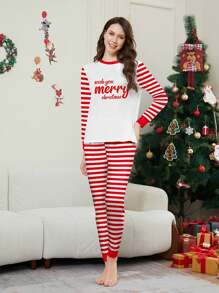 2pcs Christmas Letter Blessing Pattern Classic Red & White Striped Combination Print Round Neck Long Sleeve Drawstring Women Home Pajama Set