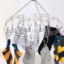 1pc Foldable Stainless Steel Sock Hanger With Multiple Clips Windproof Clothesline For Baby Clothes Household Daily Necessities - Silver - View 5