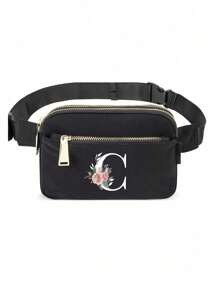 This Minimalist Chest Bag, Strap Bag, Sports & Fitness Bag Features Floral & A-Z Letter Pattern Designs. It Is A Versatile Women's Wallet, Shoulder Bag, Waist Pack, Coin Purse, Small Bag, Outdoor Chest Pack, Phone Storage Pack, Multi-Functional Yoga Pocket Waist Bag, Waterproof Sports Adjustable Shoulder Bag. Suitable For Sports, Running, Travel, Hiking, And The First Day Of School, Allowing You To Be Fashionable And Organized. - Black - View 31