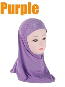 1pc 3-8 Years Old Girls Amila Chiffon Headscarf, Easy To Wear Elastic Fabric, Suitable For Islamic/Arabic Head Wrap, Floral Lace Hijab For Children