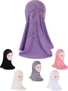 1pc 3-8 Years Old Girls Amila Chiffon Headscarf, Easy To Wear Elastic Fabric, Suitable For Islamic/Arabic Head Wrap, Floral Lace Hijab For Children