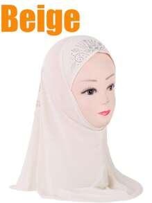 1pc 3-8 Years Old Girls Amila Chiffon Headscarf, Easy To Wear Elastic Fabric, Suitable For Islamic/Arabic Head Wrap, Floral Lace Hijab For Children