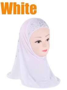 1pc 3-8 Years Old Girls Amila Chiffon Headscarf, Easy To Wear Elastic Fabric, Suitable For Islamic/Arabic Head Wrap, Floral Lace Hijab For Children