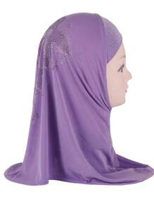 1pc 3-8 Years Old Girls Amila Chiffon Headscarf, Easy To Wear Elastic Fabric, Suitable For Islamic/Arabic Head Wrap, Floral Lace Hijab For Children