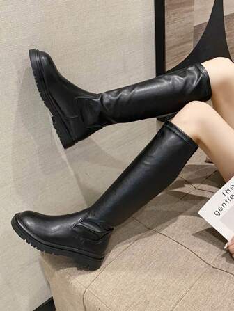 Midkalvstövlar för kvinnor, nya 2025-mode med rund tå Platta avslappnade långa stövlar, smala och snygga