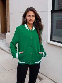 Women's Lightweight Baseball Jacket - Versatile Stitching Fabric Outerwear With Multi-Fabric Options And Unique Patterns - Green - View 2