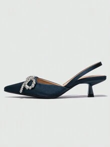 Zapatos de tacón bajo con punta puntiaguda, decoración de lazo con rhinestones y correa trasera para mujer. Elegantes y cómodos tacones de gatito, adecuados para fiestas, bodas, banquetes y ocasiones formales. Aptos para primavera/verano/otoño/invierno. Talla grande, color azul marino. - Azul Marino - Ver 6