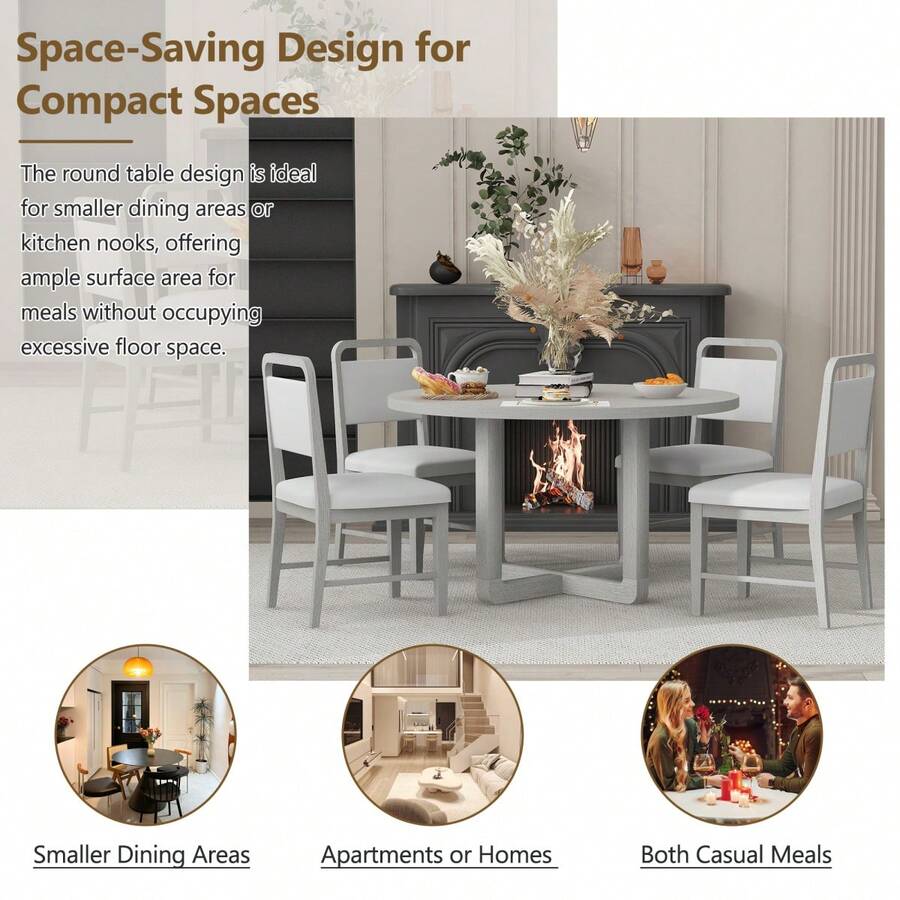 5Piece Retro Dining Set, Round Table Top With Radial Wood Grain Design