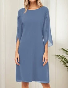Elegant Chiffon Straight Dress Crew Neck Flutter Split Sleeve Party Wedding Cocktail Midi Dress, Woman's Clothing - 藍色 - 查看 1